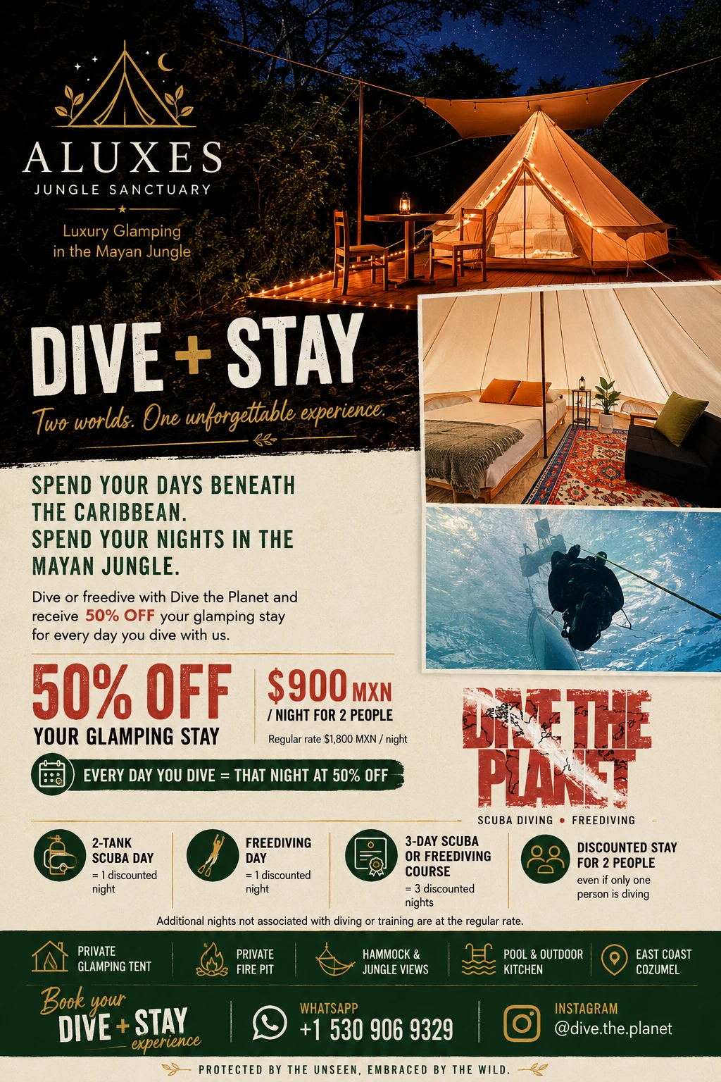 Dive + Stay offer from Aluxes Jungle Sanctuary and Dive the Planet: 50% off glamping on nights corresponding to diving or freediving days.